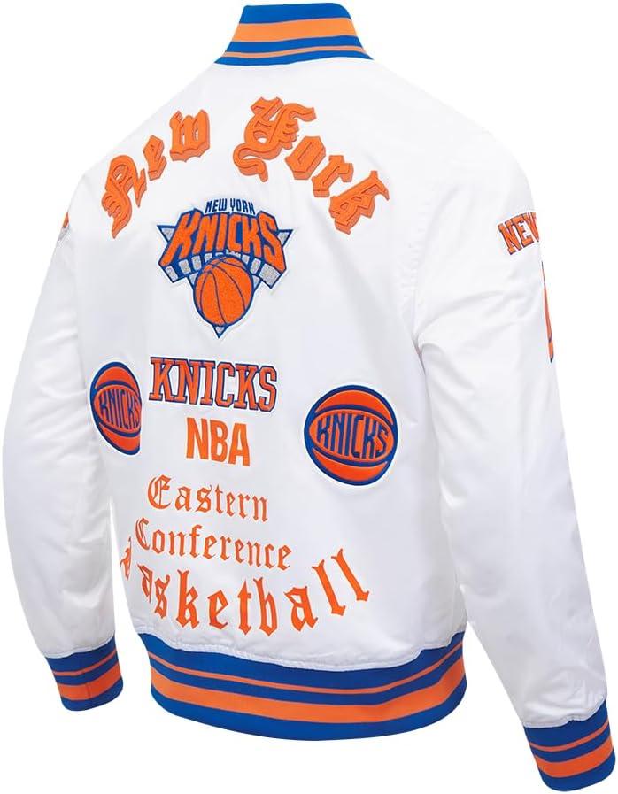imagePro Standard Mens NBA Old English Satin JacketWhiteRoyal BlueOrange