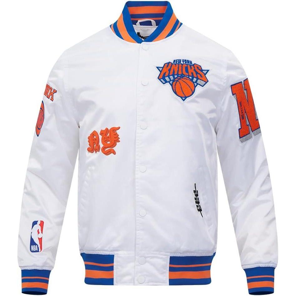 imagePro Standard Mens NBA Old English Satin JacketWhiteRoyal BlueOrange