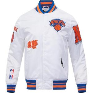 Pro Standard Mens NBA Old English Satin Jacket(White/Royal Blue/Orange)