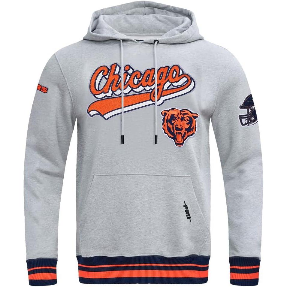 imagePro Standard Mens NFL Script Tail Brushed Back French Terry Pull Over HoodieHeather GreyMidnight NavyOrange