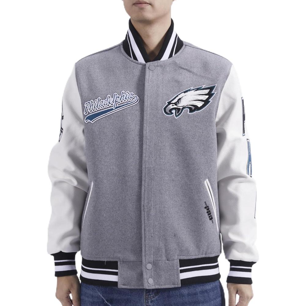 imagePro Standard Mens NFL Script Tail Varsity JacketHeather GreyWhiteBlack
