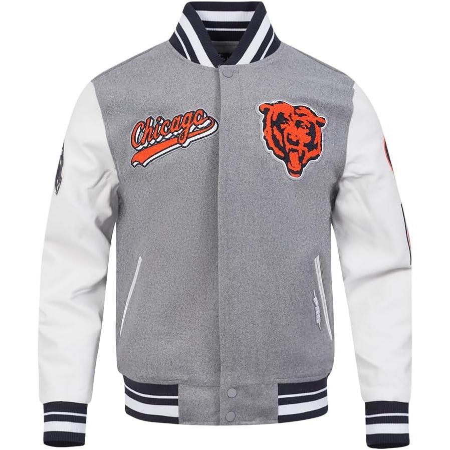 imagePro Standard Mens NFL Script Tail Varsity JacketHeather GreyWhiteMidnight Navy