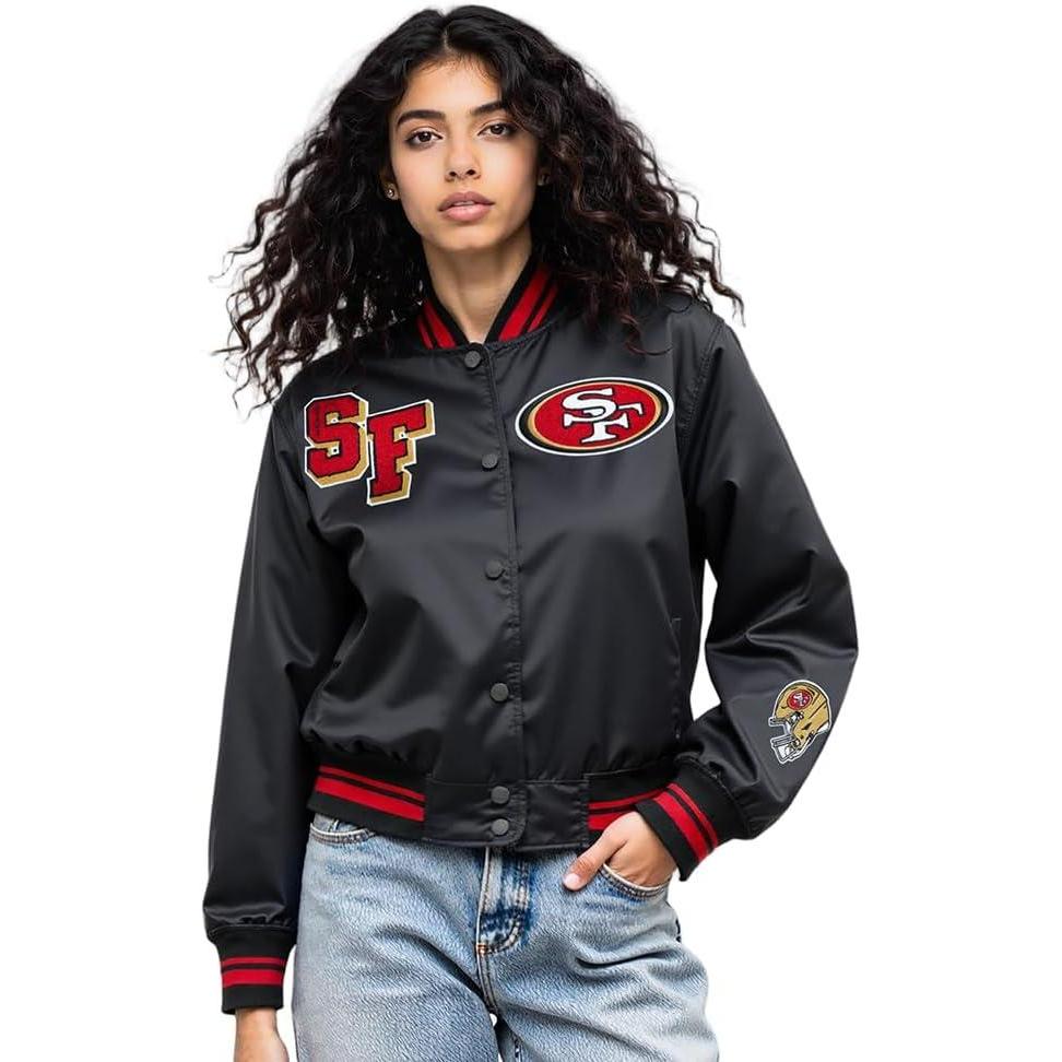 imagePro Standard Womens NFL Mash Up Satin JacketBlackRedBlack