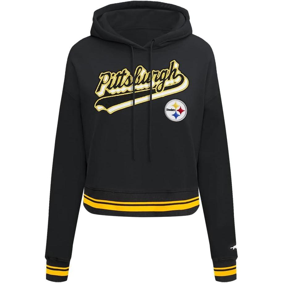 imagePro Standard Womens NFL Script Tail Brushed Back French Terry Cropped Pullover HoodieBlackYellow