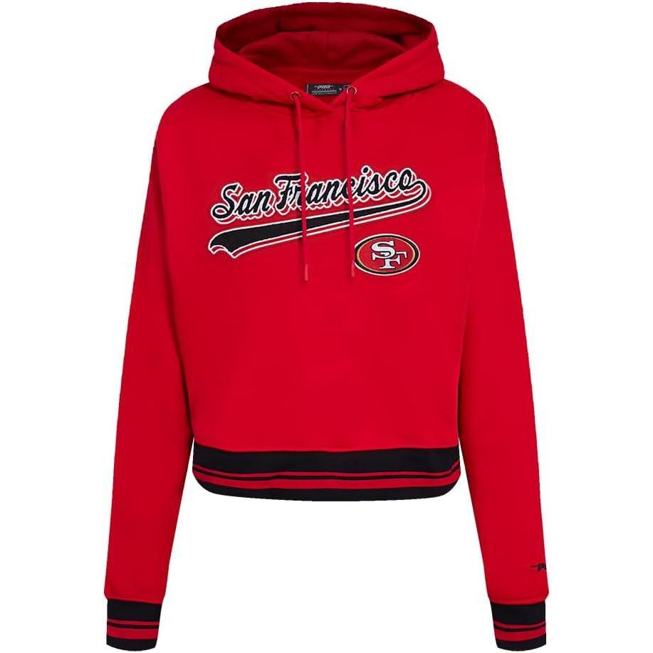 imagePro Standard Womens NFL Script Tail Brushed Back French Terry Cropped Pullover HoodieRedBlack