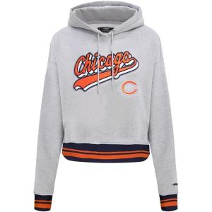 Pro Standard Womens NFL Script Tail Brushed Back French Terry Cropped Pullover Hoodie(Heather Grey/Midnight Navy/Orange)
