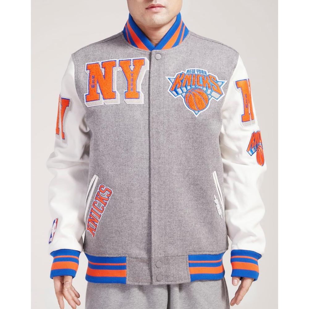 imagePro Standard Mens NBA Mash Up Varsity JacketHeather GreyRoyalOrange