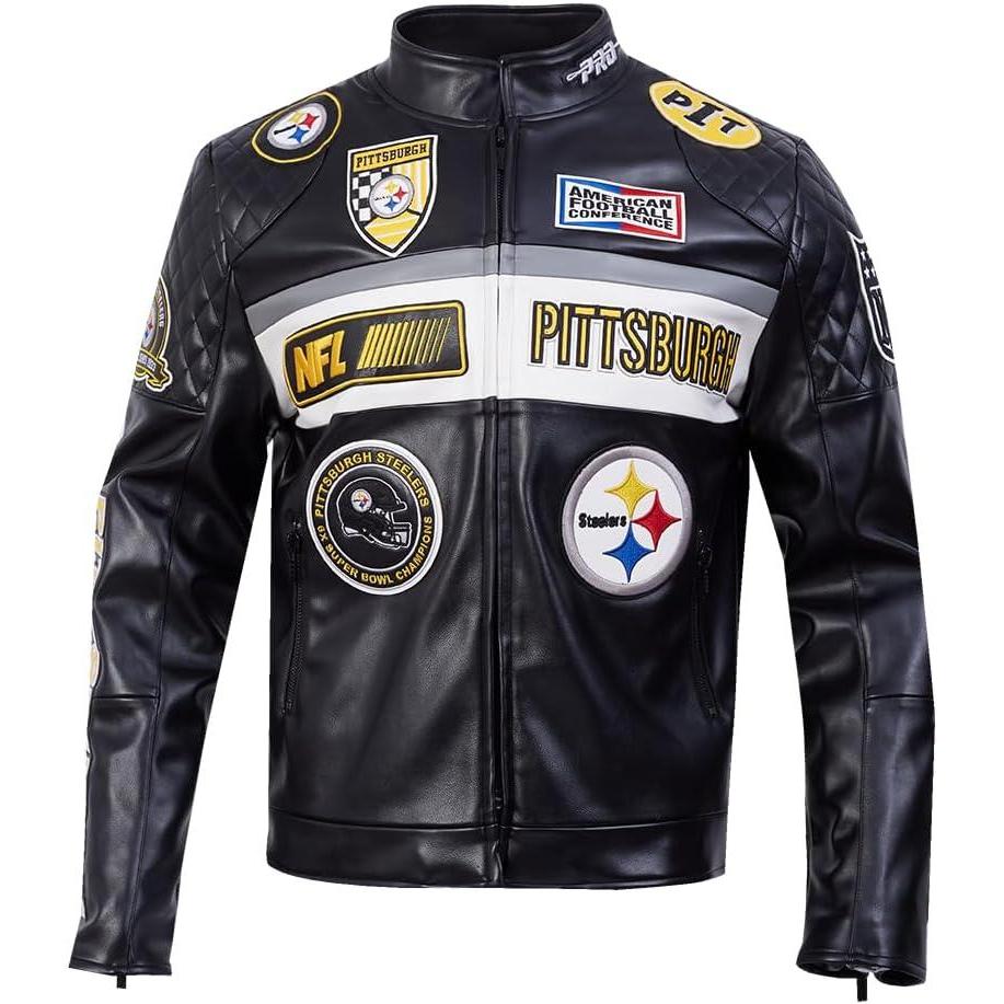 image:imageMens NFL Moto Leather JacketBlackWhite
