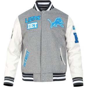Detroit Lions Area Code Men’s Rib Wool Varsity Jacket (Heather Grey/White/Black) by Pro Standard(Grey)