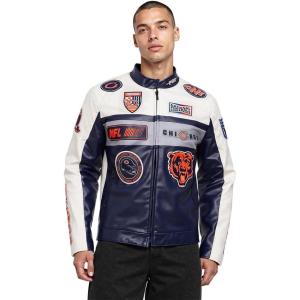 Mens NFL Moto Leather Jacket(Eggshell/ Midnight Navy)