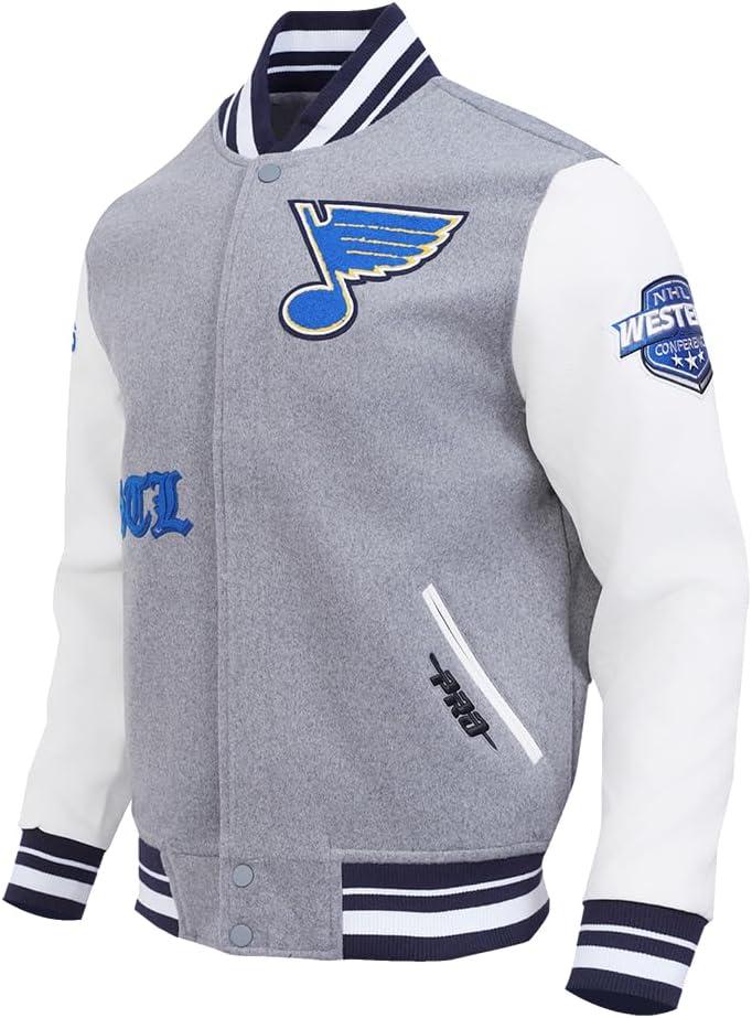 image:imagePro Standard Mens NHL Old English Varsity JacketHeather GreyWhiteMidnight Navy