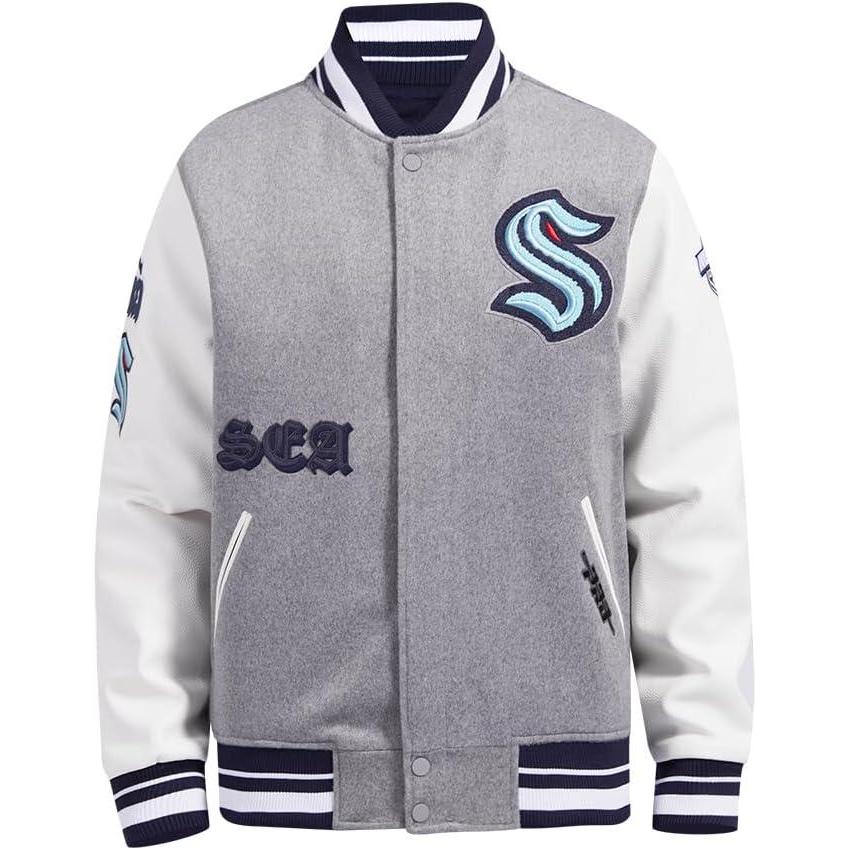 image:imagePro Standard Mens NHL Old English Varsity JacketHeather GreyWhiteMidnight Navy