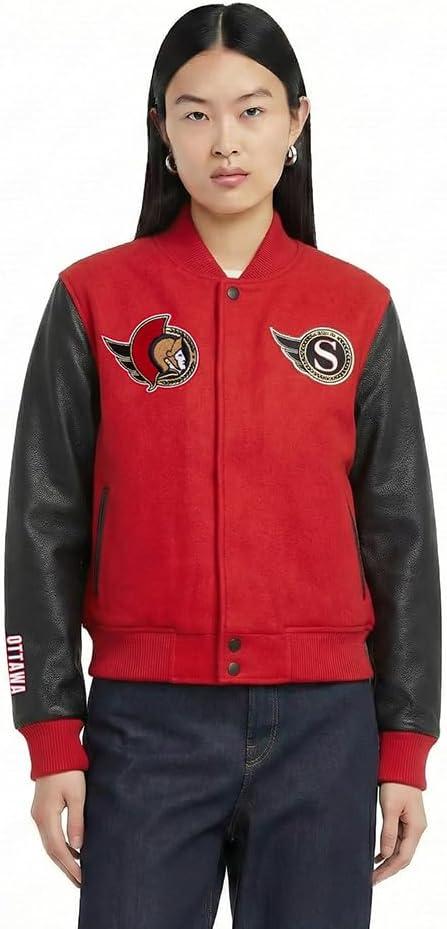 image:imagePro Standard NHL womens Pro Standard Womens Nhl Classic Chenille Wool Varsity JacketRedBlack
