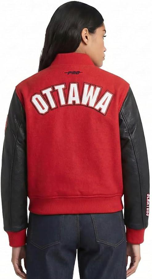 image:imagePro Standard NHL womens Pro Standard Womens Nhl Classic Chenille Wool Varsity JacketRedBlack