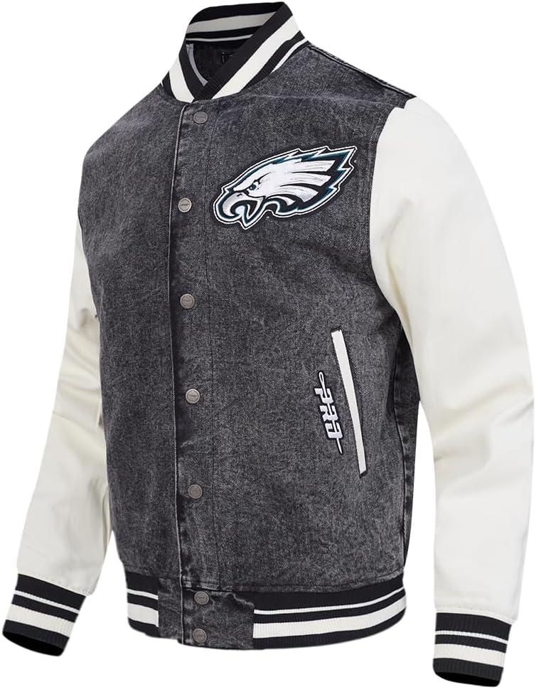 image:imagePro Standard Mens NFL Rebel Athletics Denim JacketWashed BlackEggshell