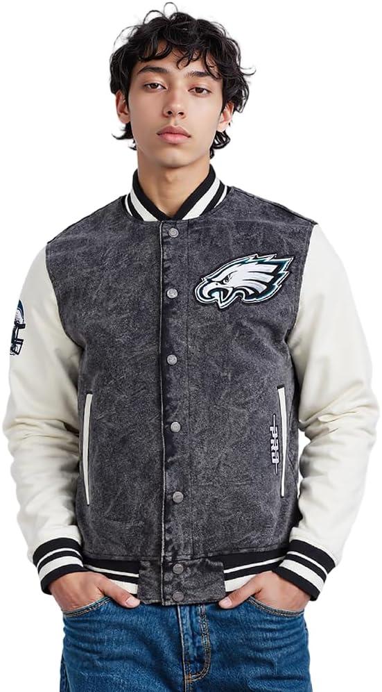 image:imagePro Standard Mens NFL Rebel Athletics Denim JacketWashed BlackEggshell