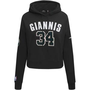 Pro Standard NBA womens Womens Nba Milwaukee Bucks Classic Player Brushed Back French Terry Cropped Pullover Hoodie(Black)