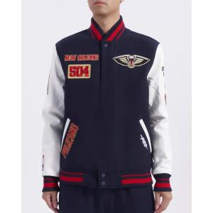 Pro Standard Mens NBA Area Code Wool Varsity Jacket(Midnight Navy/Red/Midnight Navy)
