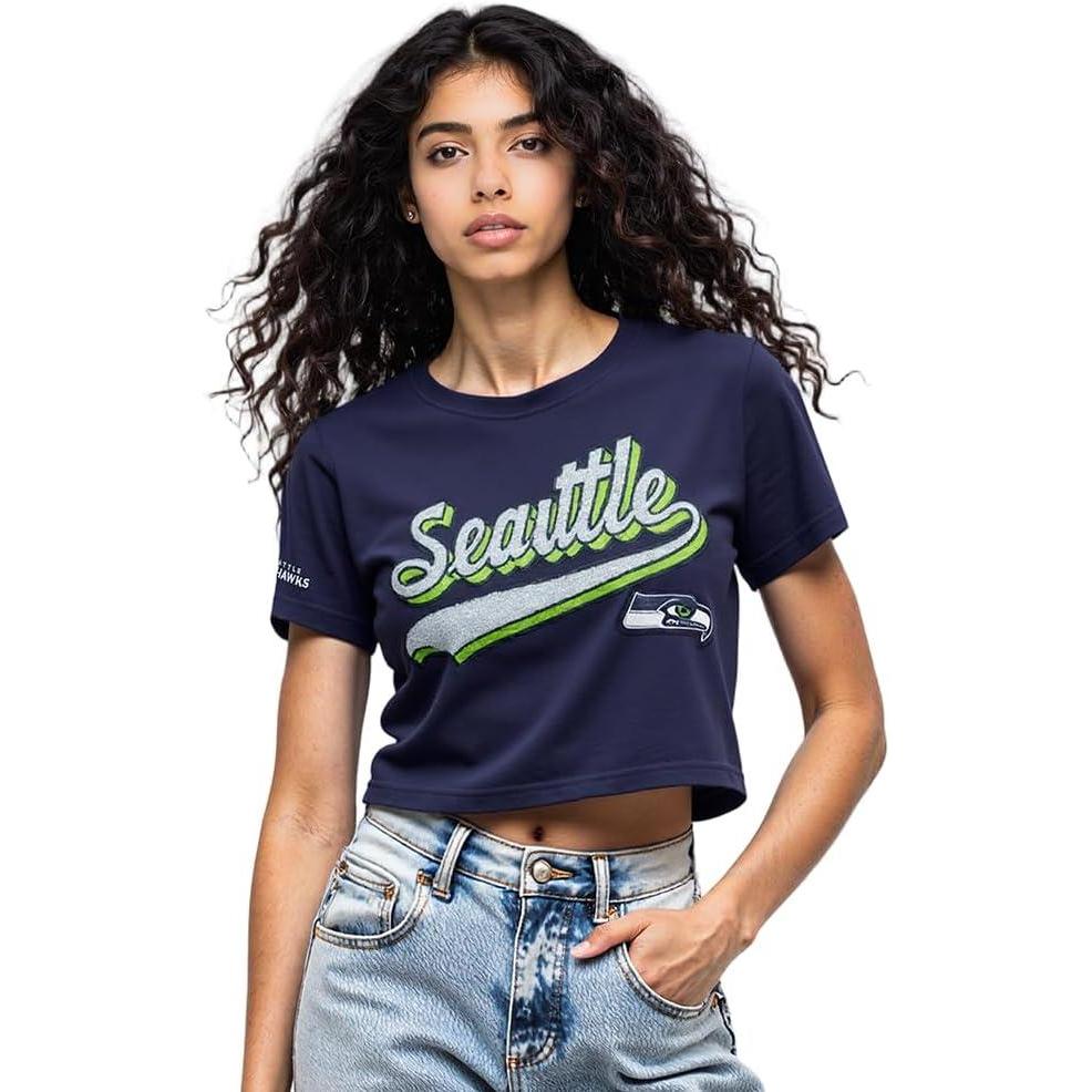 image:imagePro Standard Womens NFL Seattle Seahawks Script Tail Short Sleeve Boxy Tee Midnight Navy