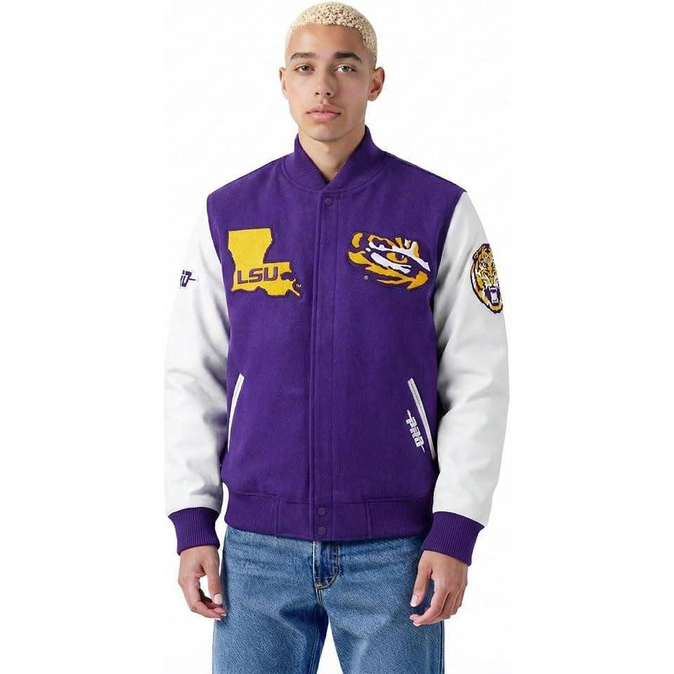 image:imagePro Standard Mens College Classic Chenille Wool Varsity JacketPurpleWhite